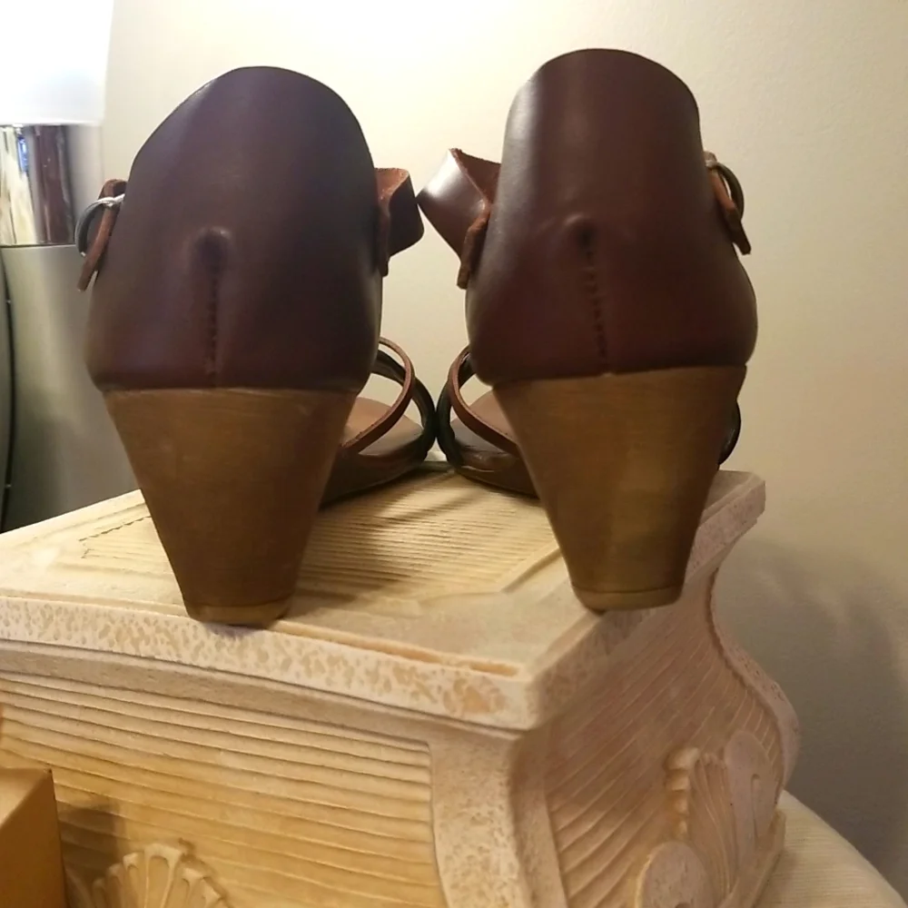 FRENCH BLU Leather Brown & Black Wedge Sandals Made In Turkey